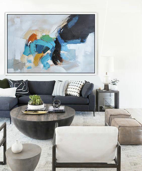 Large Wall Canvas Paintings,Oversized Horizontal Contemporary Art,Modern Paintings,White,Black,Grey,Blue,Yellow.etc